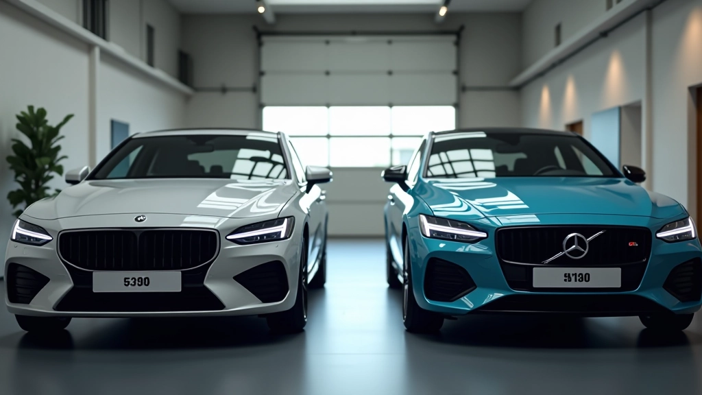 Deux voitures : une neuve et une d'occasion, côte à côte pour comparaison