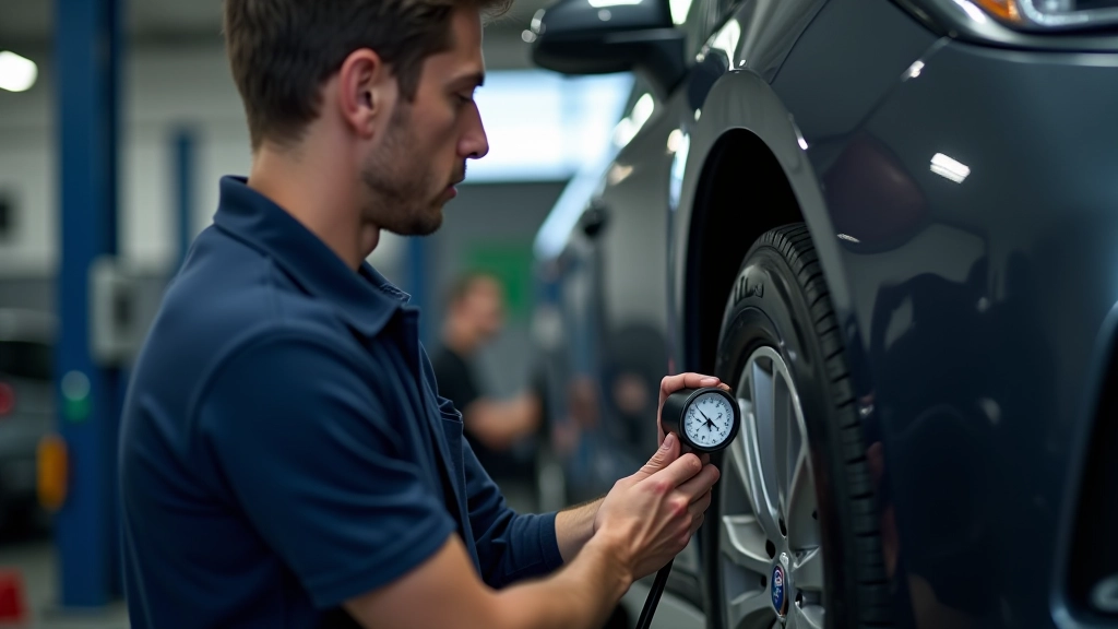 Garagiste contrôlant la pression des pneus avec manomètre dans atelier automobile