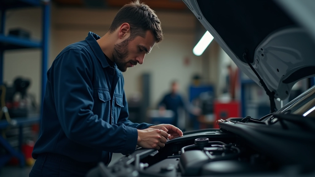 Mécanicien inspectant le moteur d'une voiture lors d'un contrôle technique complet
