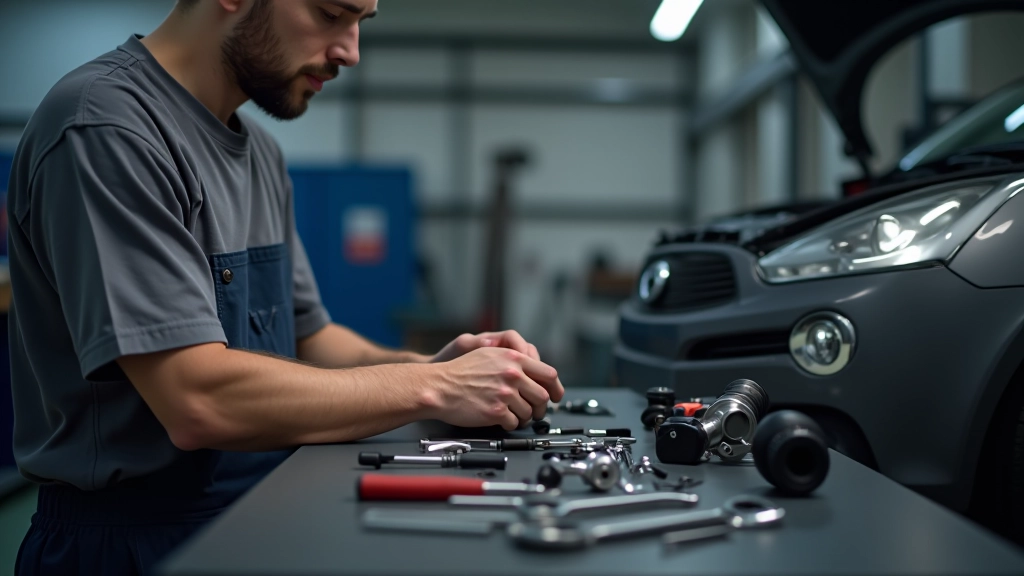 Mécanicien effectuant une révision et contrôle de voiture dans un atelier