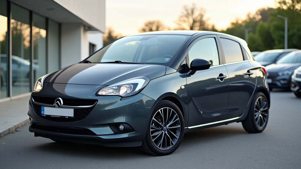 Voiture d'occasion bien entretenue chez un concessionnaire, vue de profil, éclairage naturel