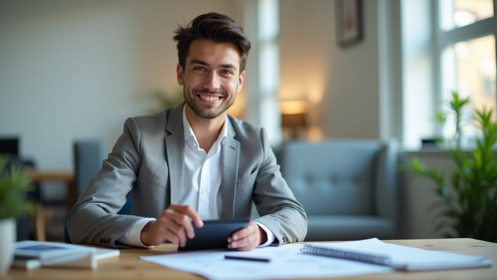 Jeune personne souriant avec documents d'achat automobile et calculatrice sur bureau