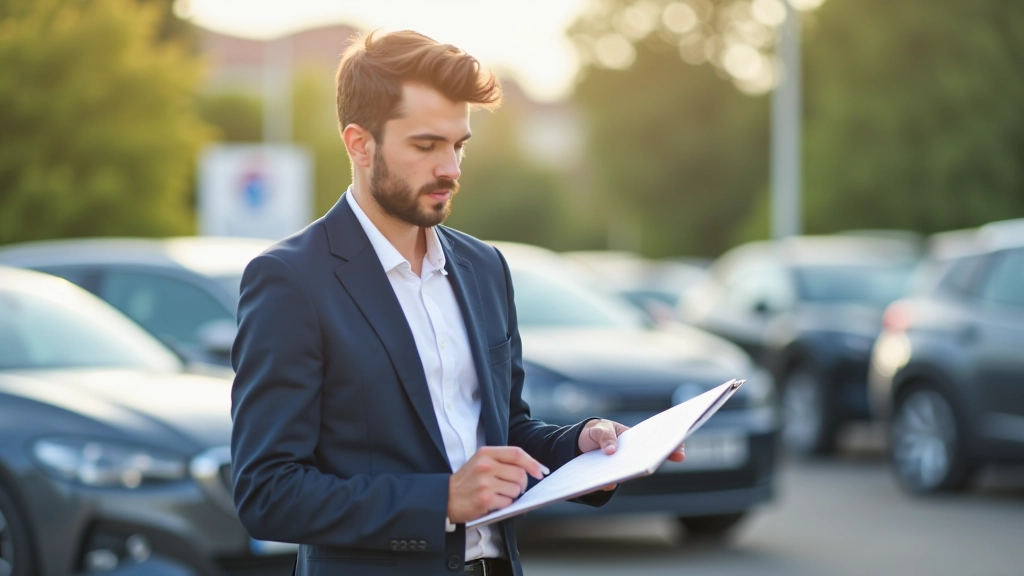 Jeune adulte consultant des documents de financement automobile à côté d'une voiture garée